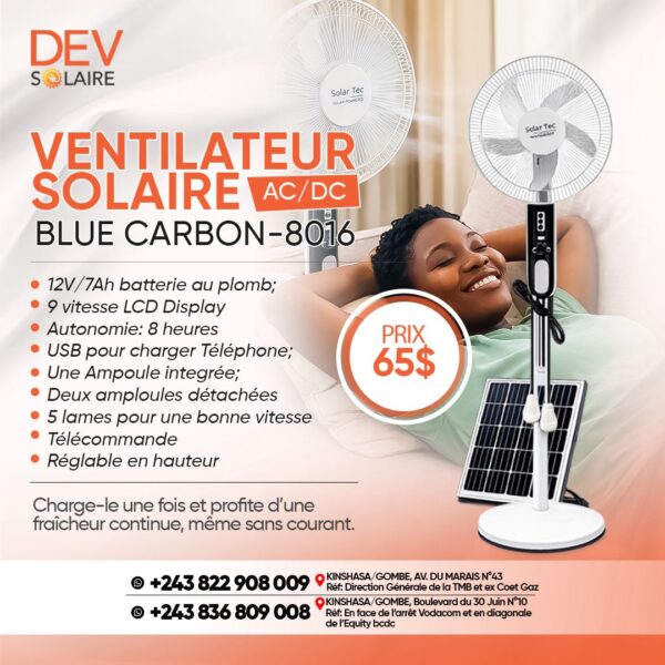Ventilateur solaire AC/DC Blue Carbon-8016